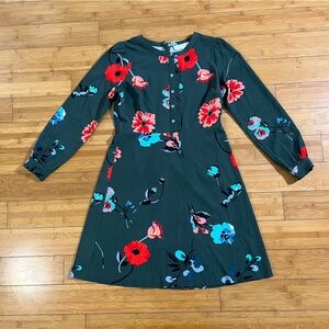 LOFT Retro-Inspired Dark Green Floral Long Sleeve Mini Dress Mid Mod